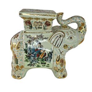 Vintage Satsuma Porcelain Elephant Plant Stand With Asian Design